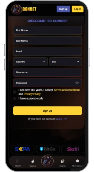 Casino signup form with deposit fields