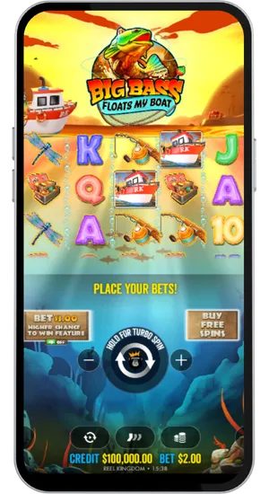 Big Bass Floats My Boat base game on mobile displaying the full reel grid with bet controls and Buy Free Spins button