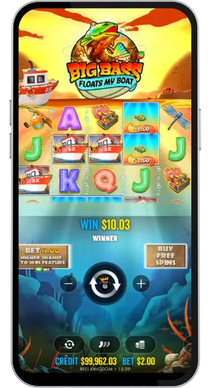 Big Bass Floats My Boat base game showing a win with money fish symbols collected by the boat on the reels