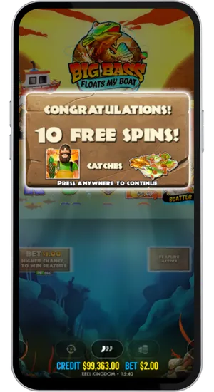 Big Bass Floats My Boat congratulations screen confirming ten free spins triggered by three scatter symbols