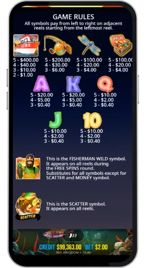 Big Bass Floats My Boat full paytable showing all symbol payouts, Fisherman Wild description, and Scatter symbol rules